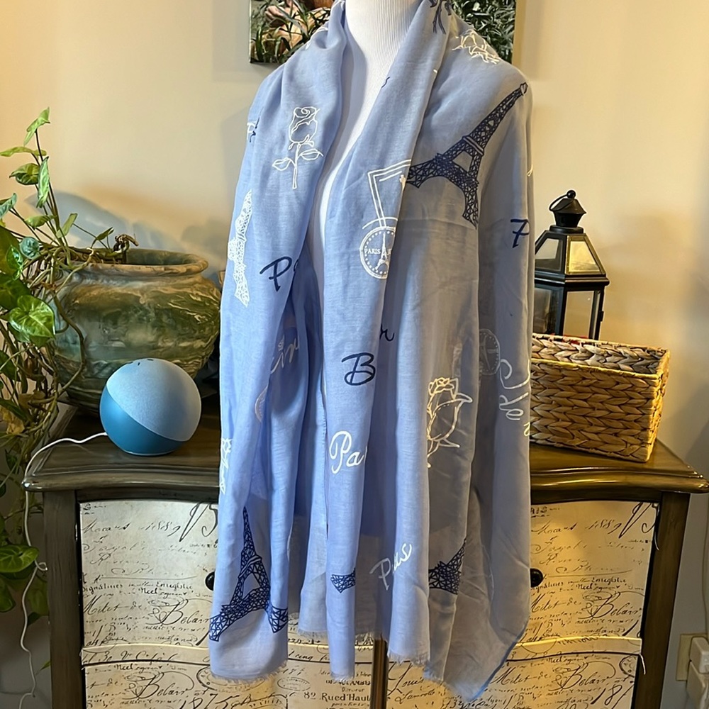 LARGE PARIS THEMED FRINGED SCARF COTTAGE BLUE WITH WHITE PRINT - Picture 6 of 16